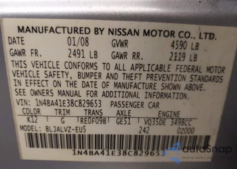 2008 Nissan Maxima 3.5 Se z USA, uszkodzony, nr VIN 1N4BA41E38C829653